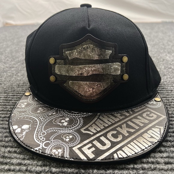 Harley Fuckin Davidson Custom‎ Leather Hand Made Black Trucker Cap Snapback